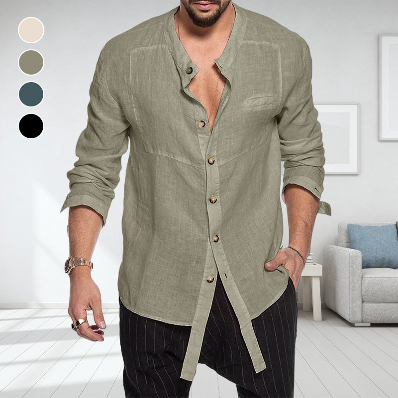Stand Collar Linen Long Sleeve Shirt