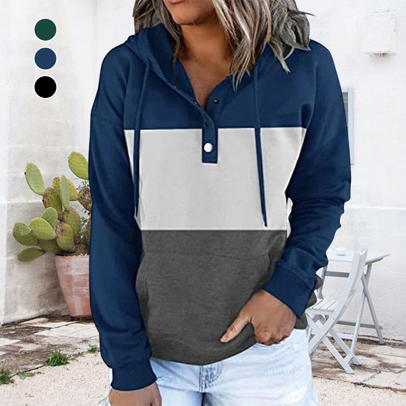 Ladies Colorblock Fleece V-Neck Hooded Drawstring Pullover Sweatshirt