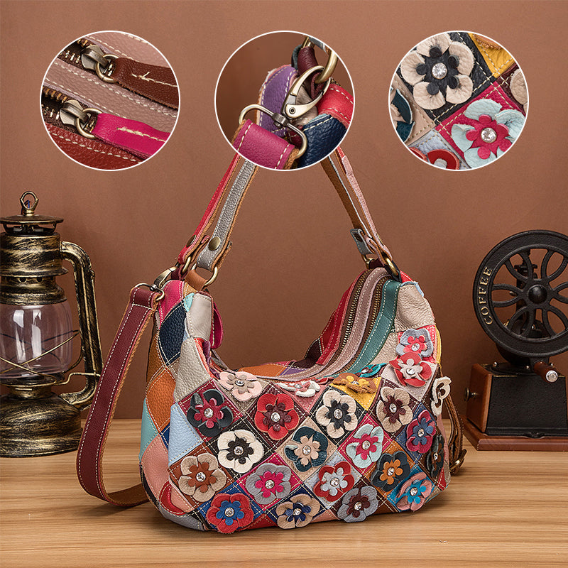 Multi-Color Floral Genuine Leather Boston Bag