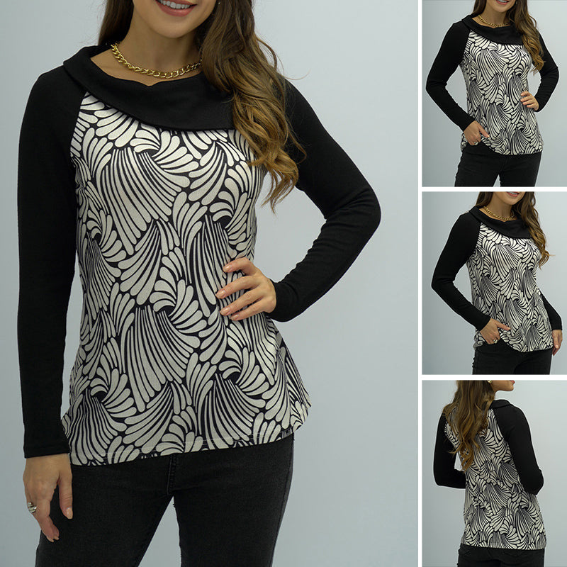 Ladies Long Sleeve Lapel Wave Pattern T-shirt