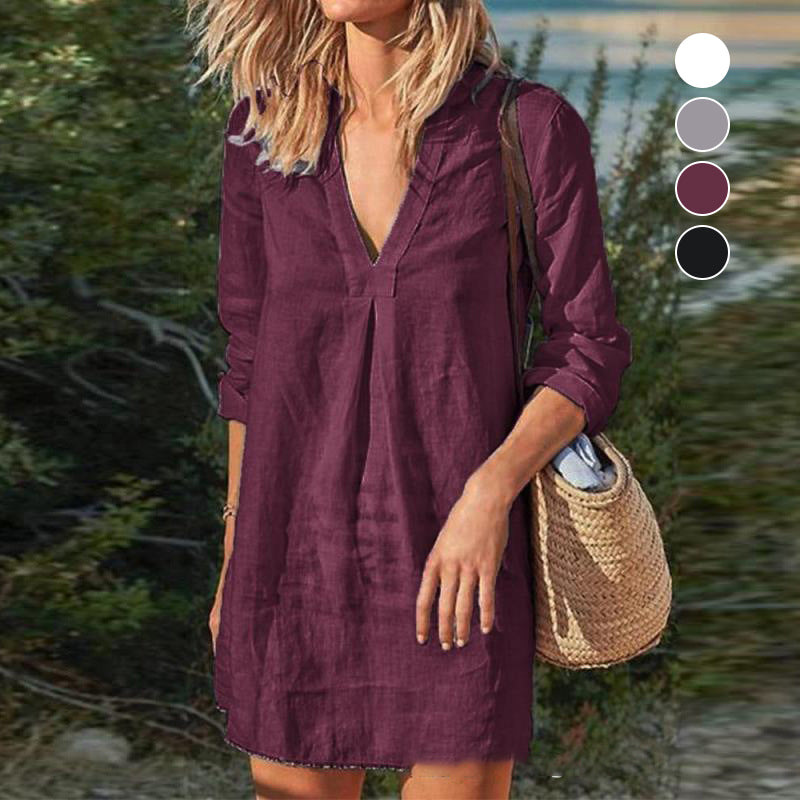 Solid color V-neck Cotton and Linen Dress