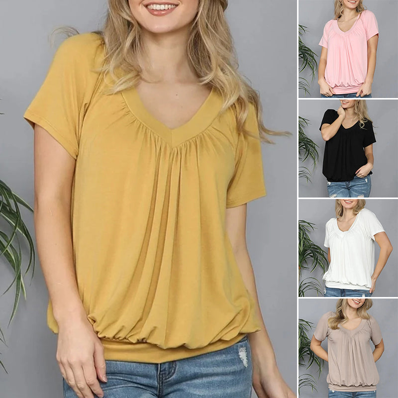 Solid Color Pleat Design T-shirt Top