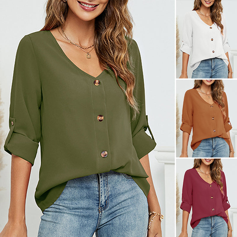 Solid V-Neck Button-Up Shirt