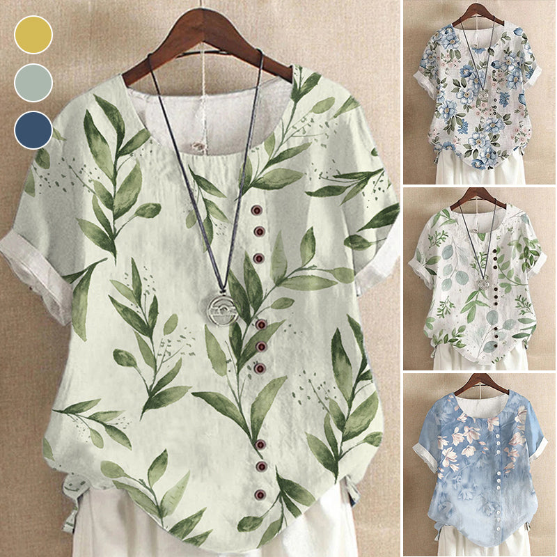 Women Cotton Linen Crew Neck Short Sleeve Tunic