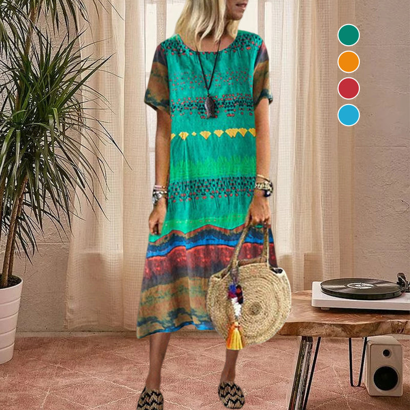 Vintage Ethnic Print Round Neck Dress