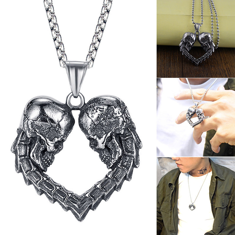 Double Skull Heart Necklace