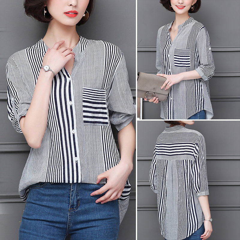 Stripe Print Stand Collar 3/4 Sleeves Blouse