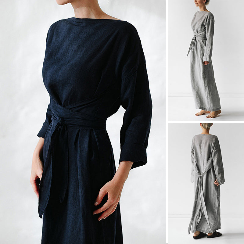 Cotton and Linen Loose Tie Long Dress