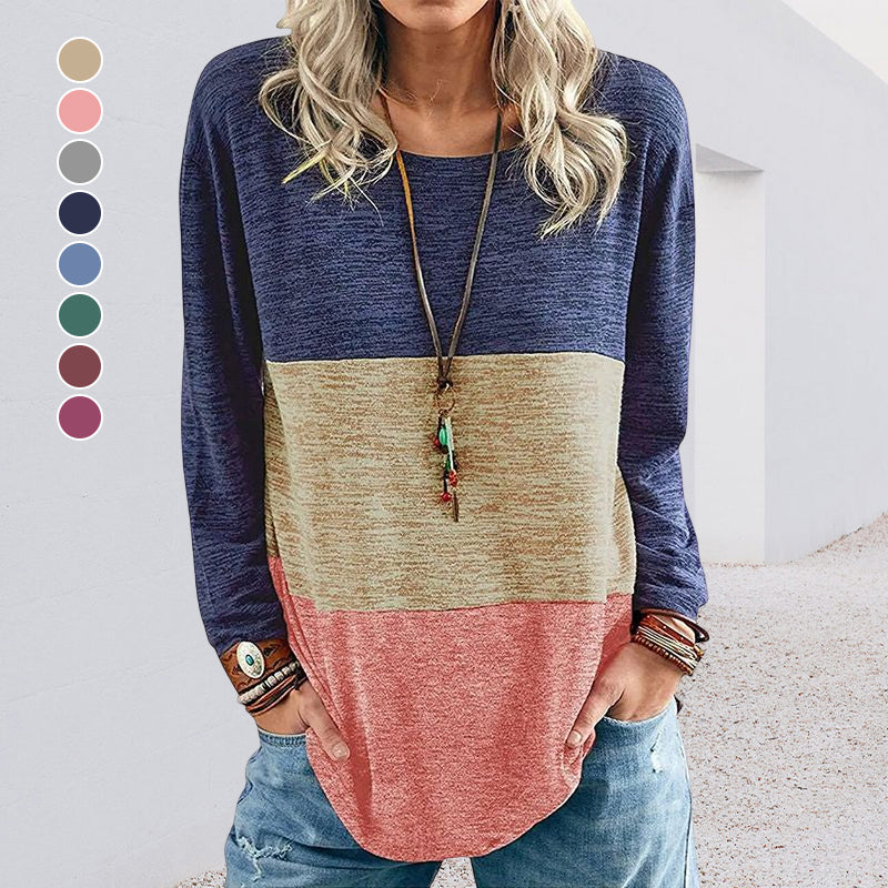 Round Neck Pullover Contrast Long Sleeve T-Shirt