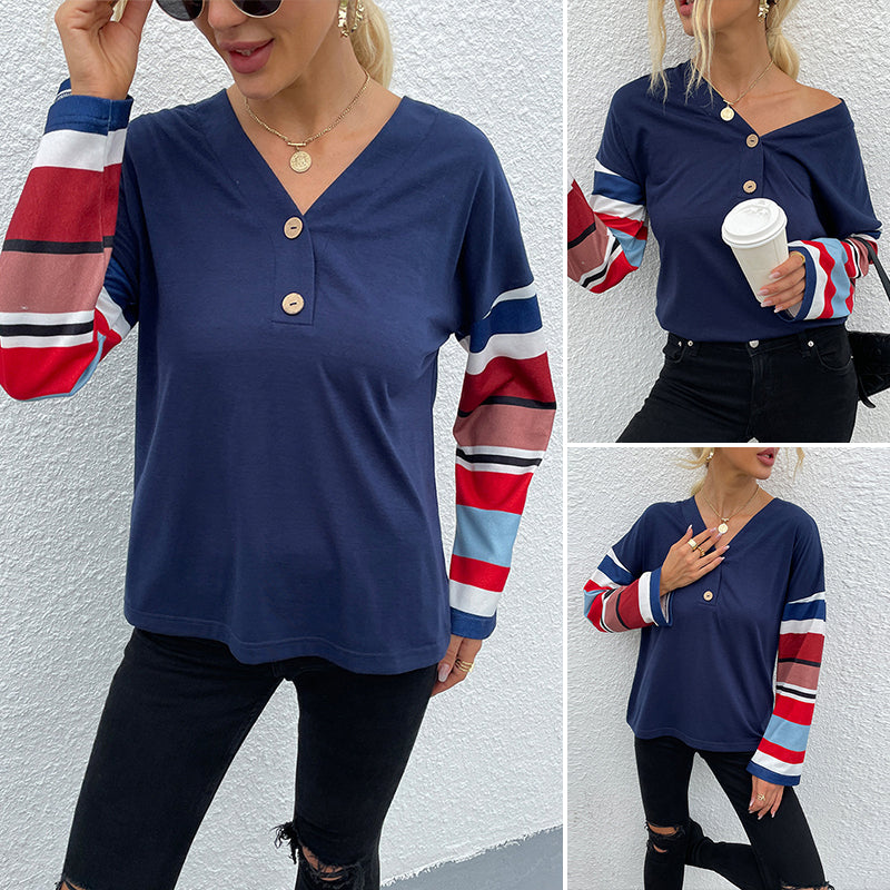 V-Neck Striped Sleeve Top