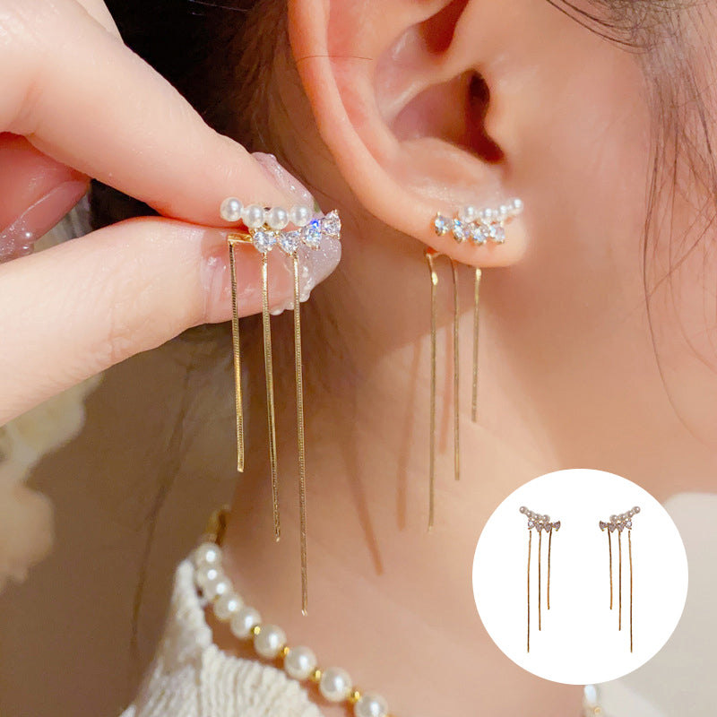 Simple Peral Curved Two-way Tassel Stud Earring