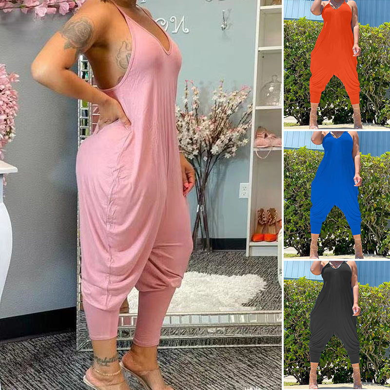 Women's Fashionable Casual Solid Color Suspender Jumpsuit