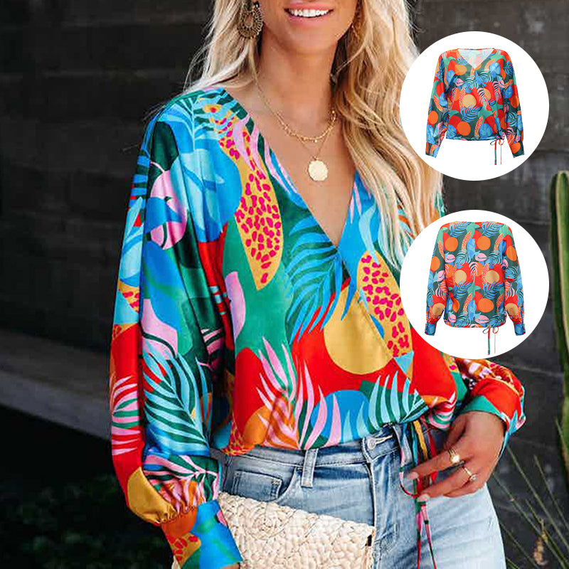 Printed V-Neck Long Sleeve Loose Casual Shirt