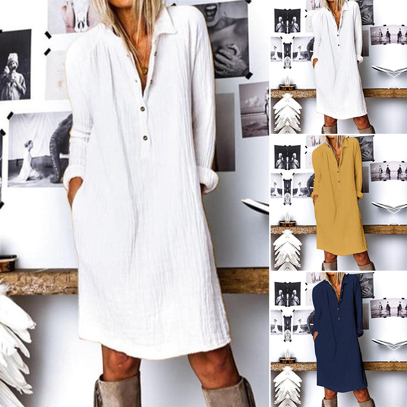 Solid Color Lapel Long Sleeve Dress