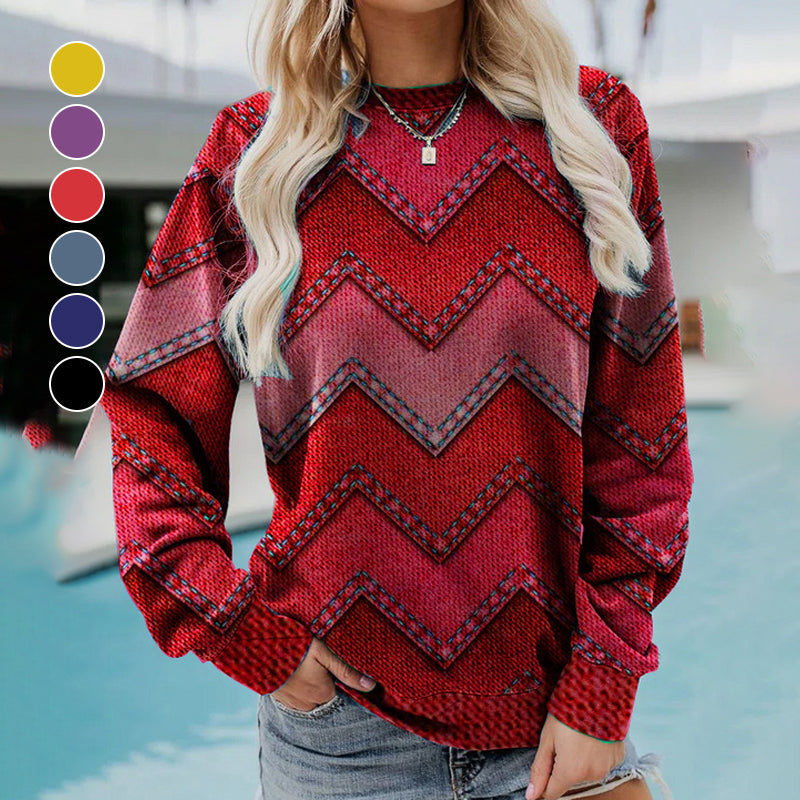Women's Wavy Denim Print Casual Long Sleeve Sweater