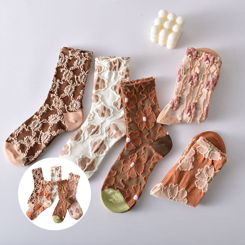 Women's Elegant Embossed Floral Cotton Socks