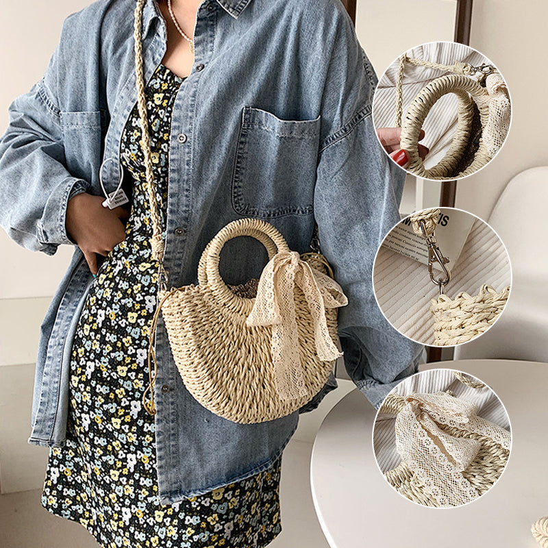 Fashion Ring Handle Straw Bag