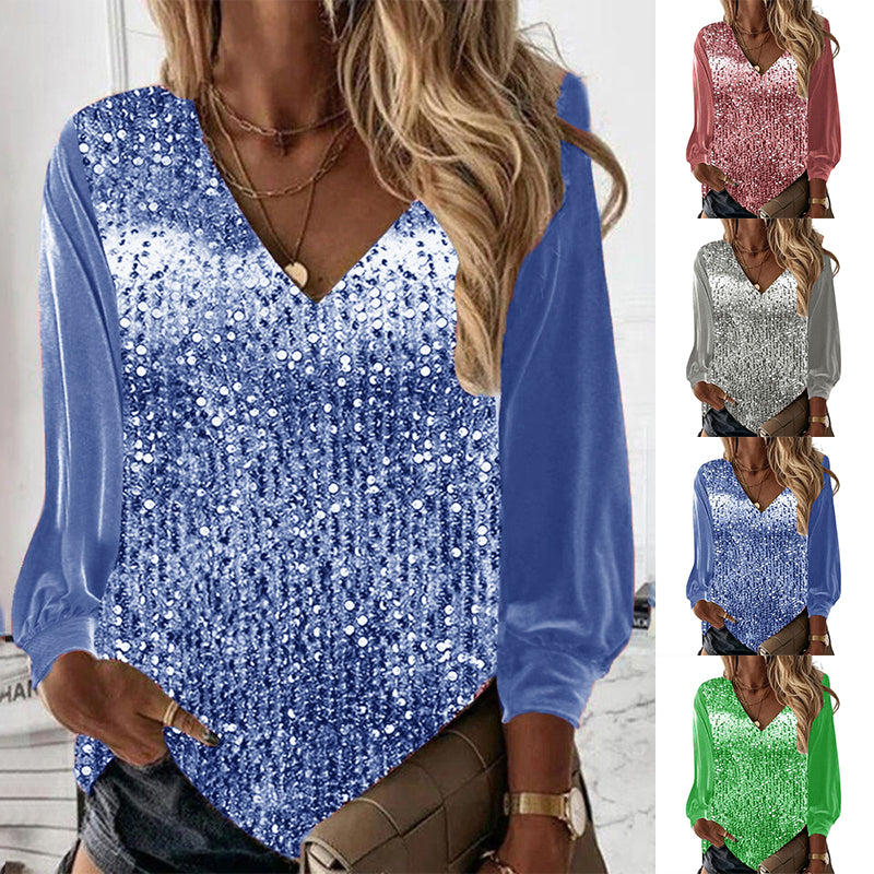 V Neck Sequined Long Sleeve Shirt