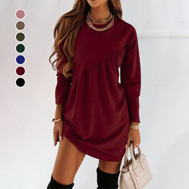 Solid Color Long Sleeved Irregular Crewneck Dress