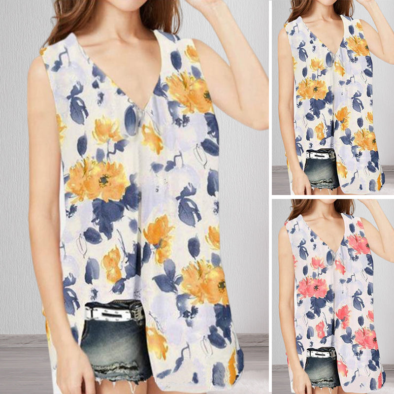 Loose Floral Print V-Neck Tank Top T-Shirt