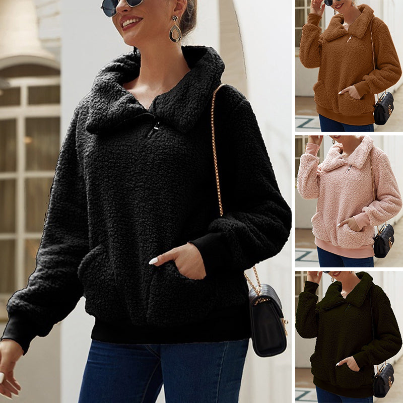 Lamb Fleece Asymmetric Lapel Pullover Solid Color Thickened Sweater