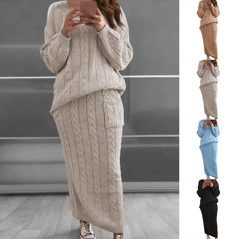 Cable Knit Patched Pocket Skirt Set