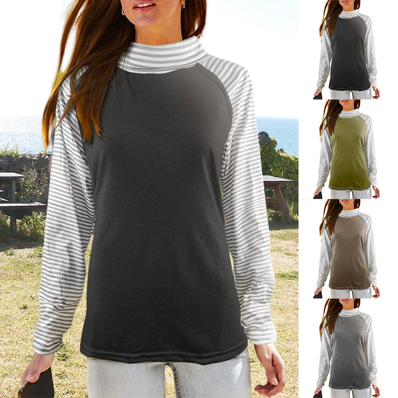 Paneled Long Sleeves Stacked Collar Striped Sweatshirt