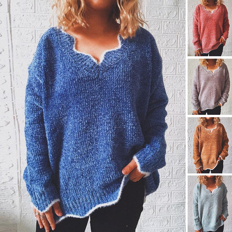 V Neck Long Sleeve Casual Pullover Sweater