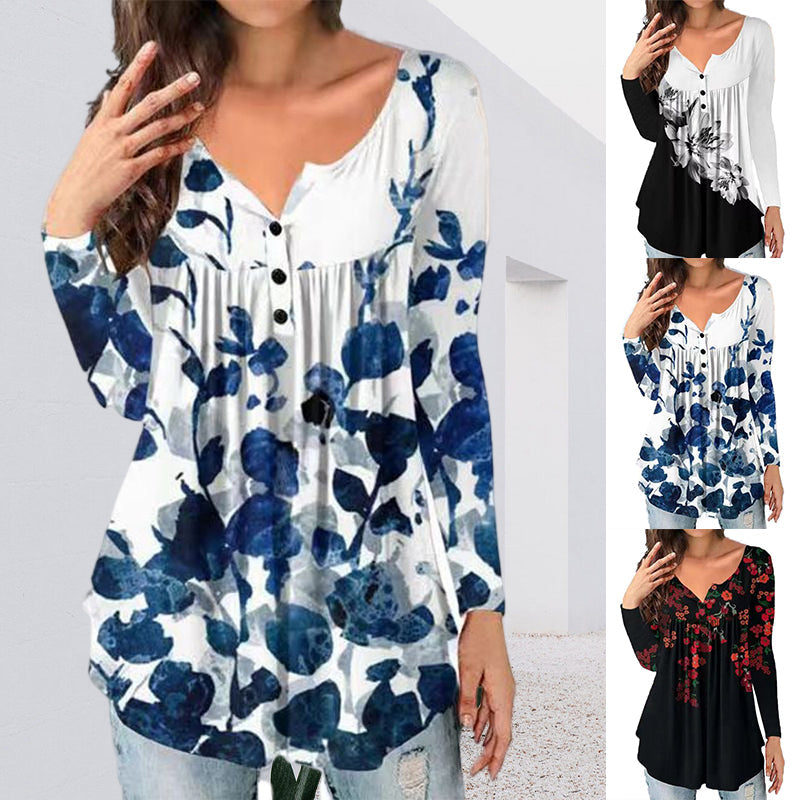 Printed Button Loose Long Sleeve T-Shirt