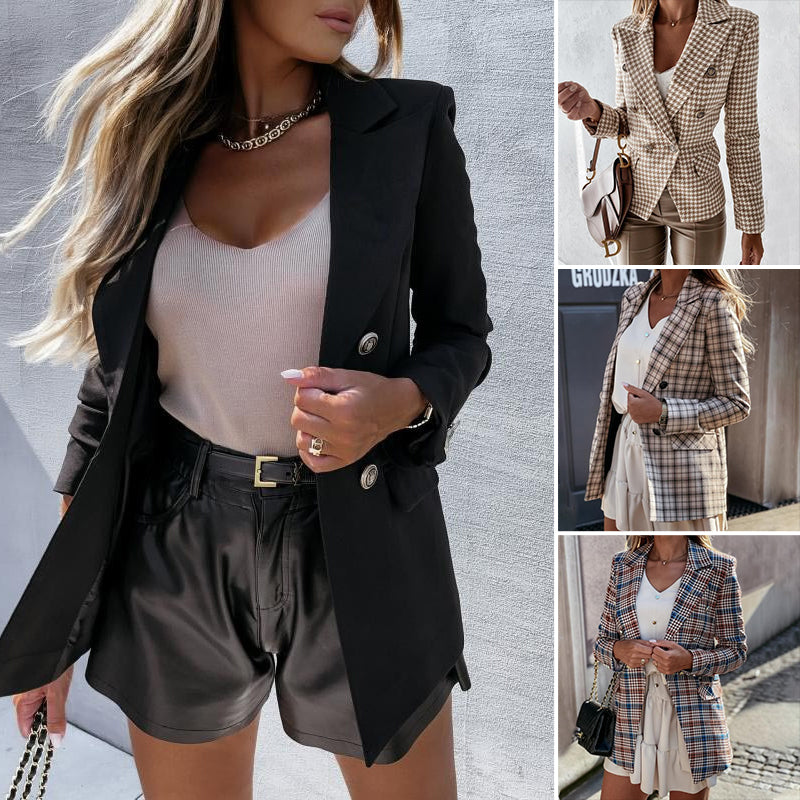 Women's Fashion Long Sleeve Suit Plaid Jacket