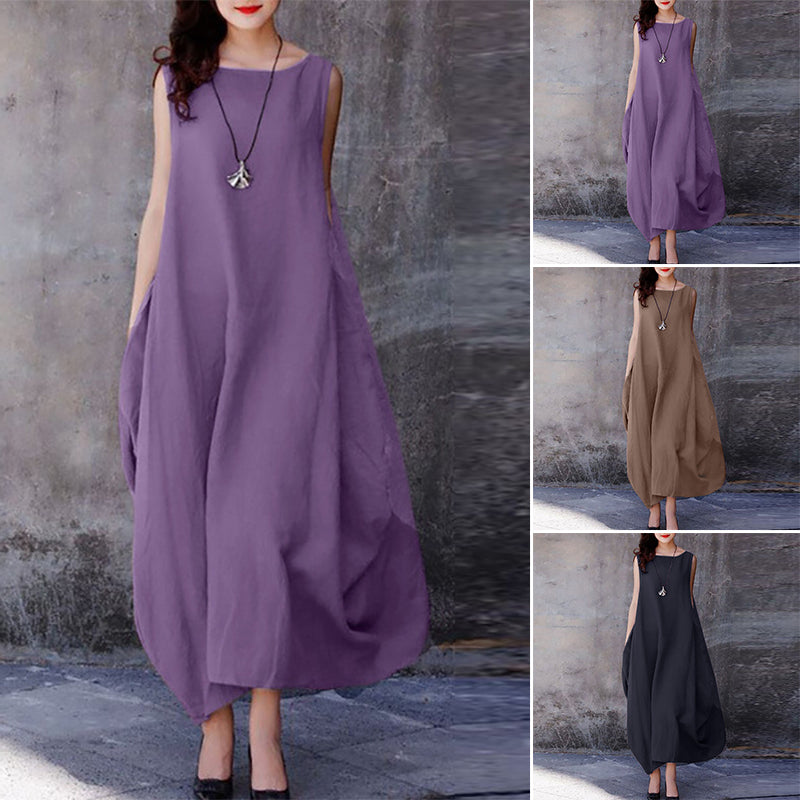 Solid Color Round Neck Dress