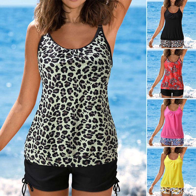 Conservative Print Two-Piece Boxer Swimsuit