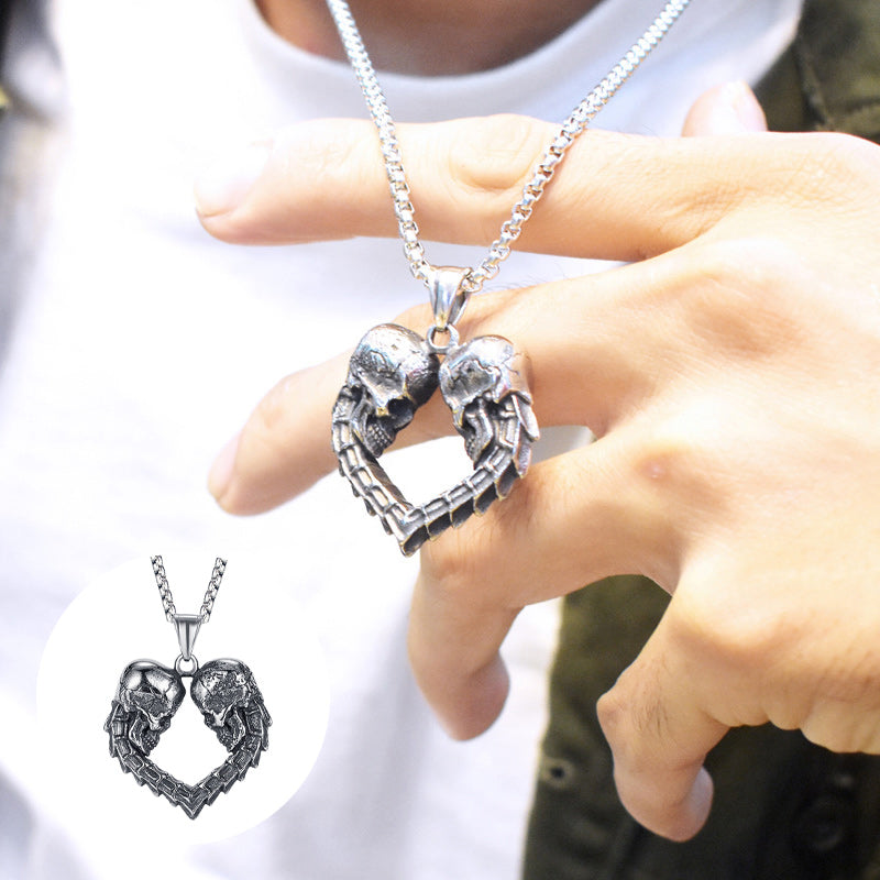 Double Skull Heart Necklace