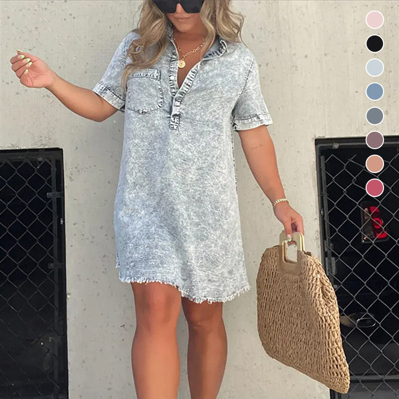 Denim Skirt Dress with Fringed Hem