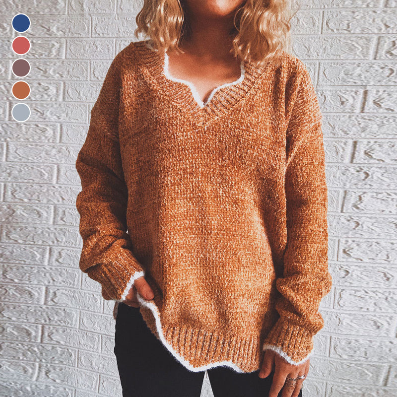 V Neck Long Sleeve Casual Pullover Sweater