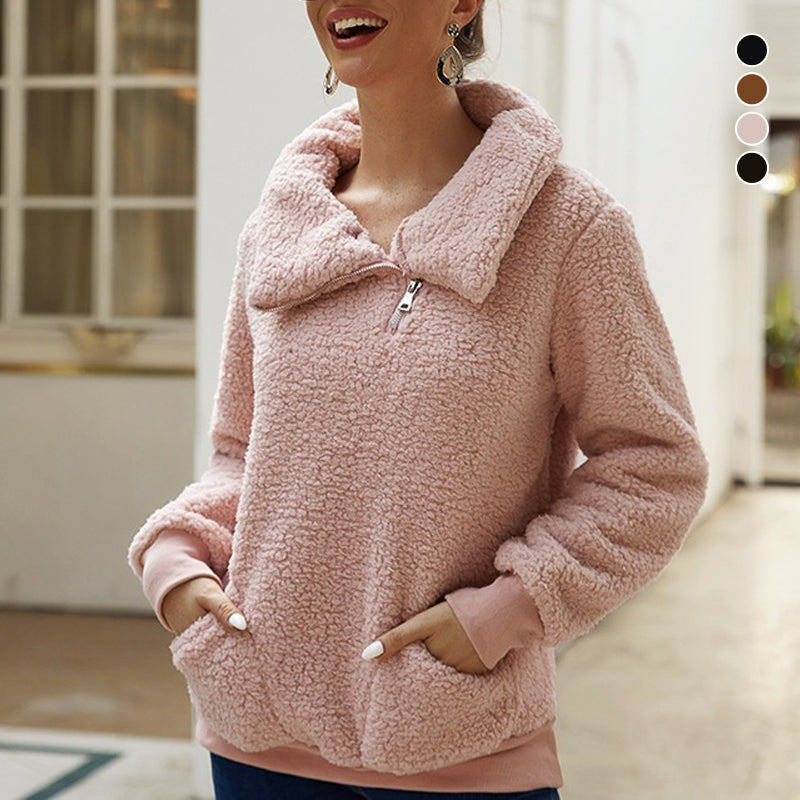 Lamb Fleece Asymmetric Lapel Pullover Solid Color Thickened Sweater