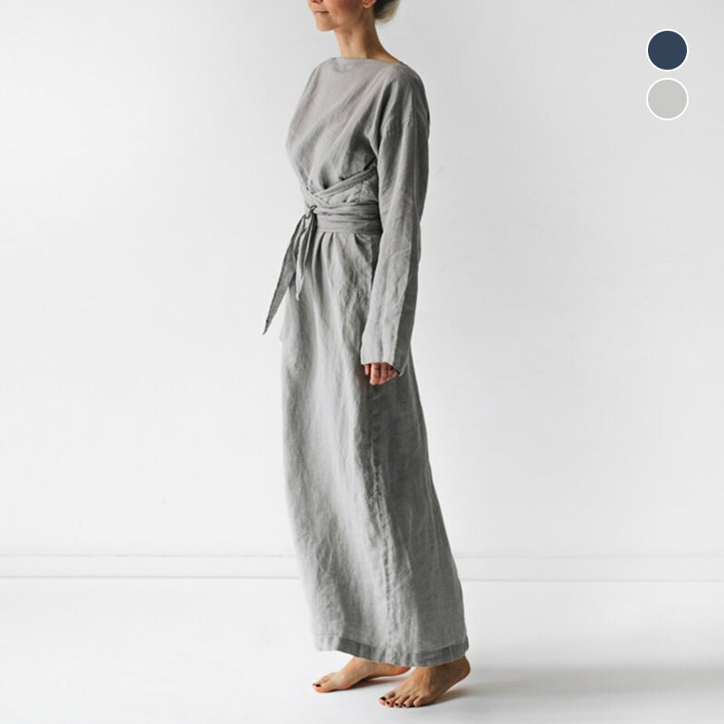 Cotton and Linen Loose Tie Long Dress