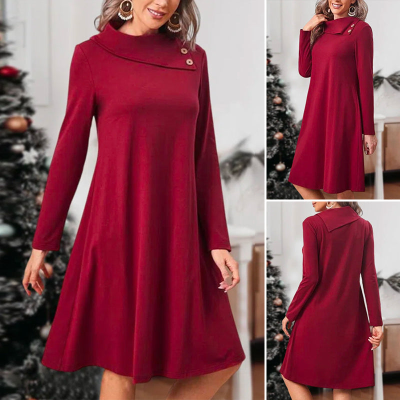 Solid Color Christmas Dress with Elegant Buttons