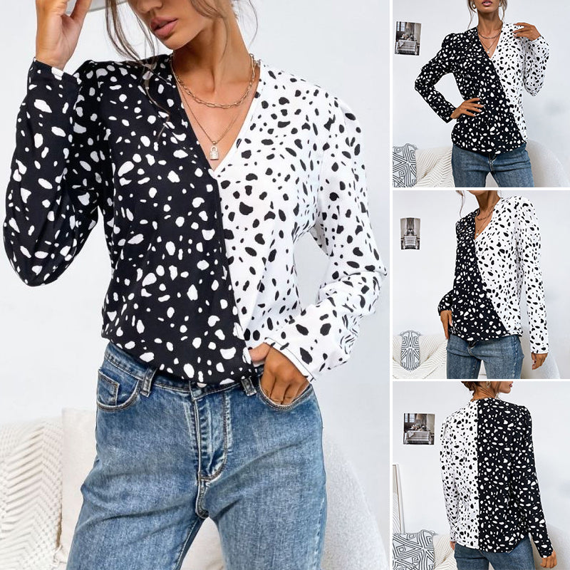 Stone Pattern V-Neck Long Sleeve Shirt