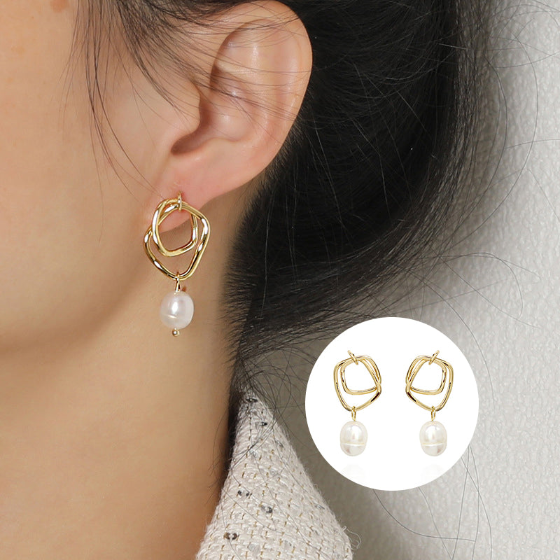 Hammered Double Circle Pearl Earrings
