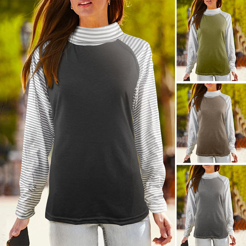 Paneled Long Sleeves Stacked Collar Striped Sweatshirt