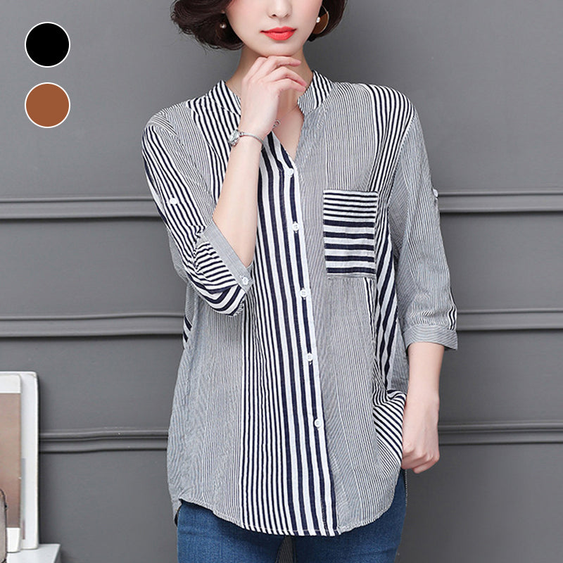 Stripe Print Stand Collar 3/4 Sleeves Blouse