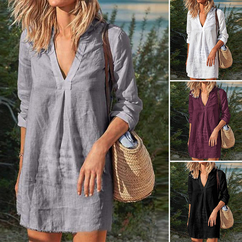 Solid color V-neck Cotton and Linen Dress