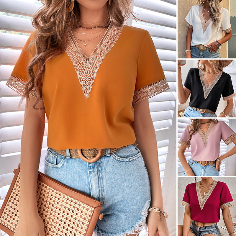 V-Neck Short Sleeve Lace T-Shirt