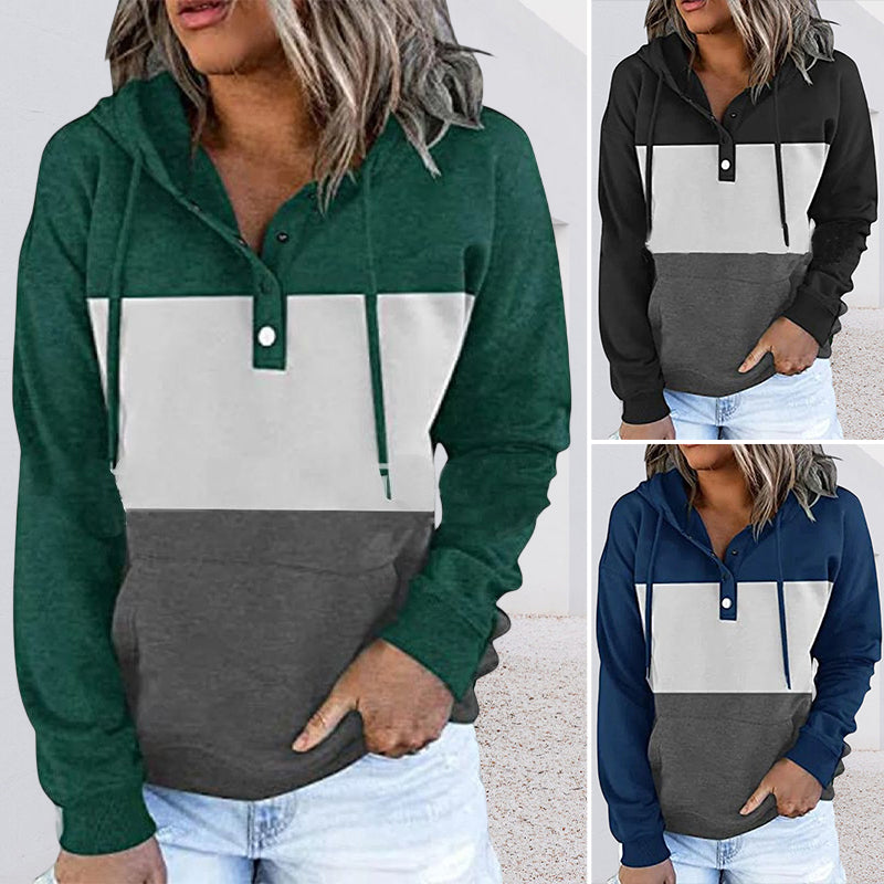 Ladies Colorblock Fleece V-Neck Hooded Drawstring Pullover Sweatshirt