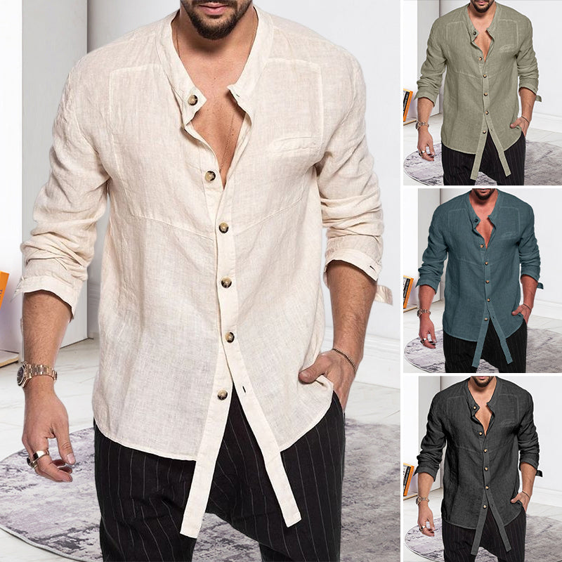 Stand Collar Linen Long Sleeve Shirt