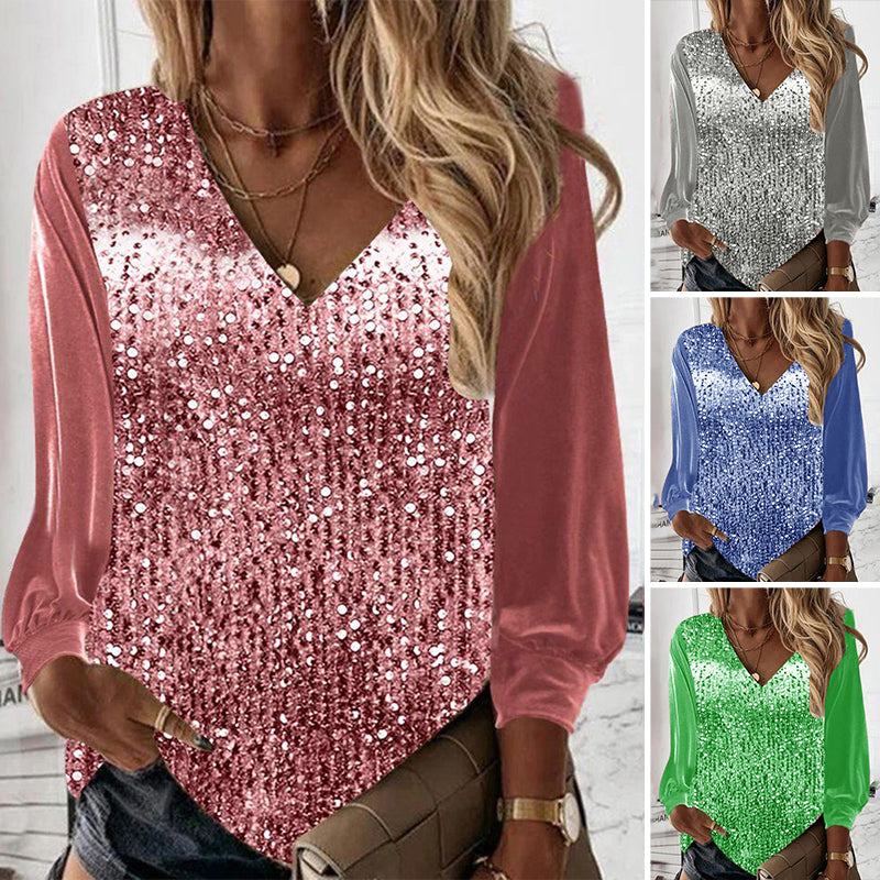 V Neck Sequined Long Sleeve Shirt