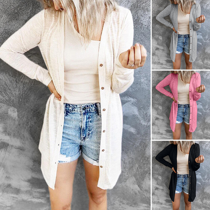 Button Solid Long Sleeve Cardigan