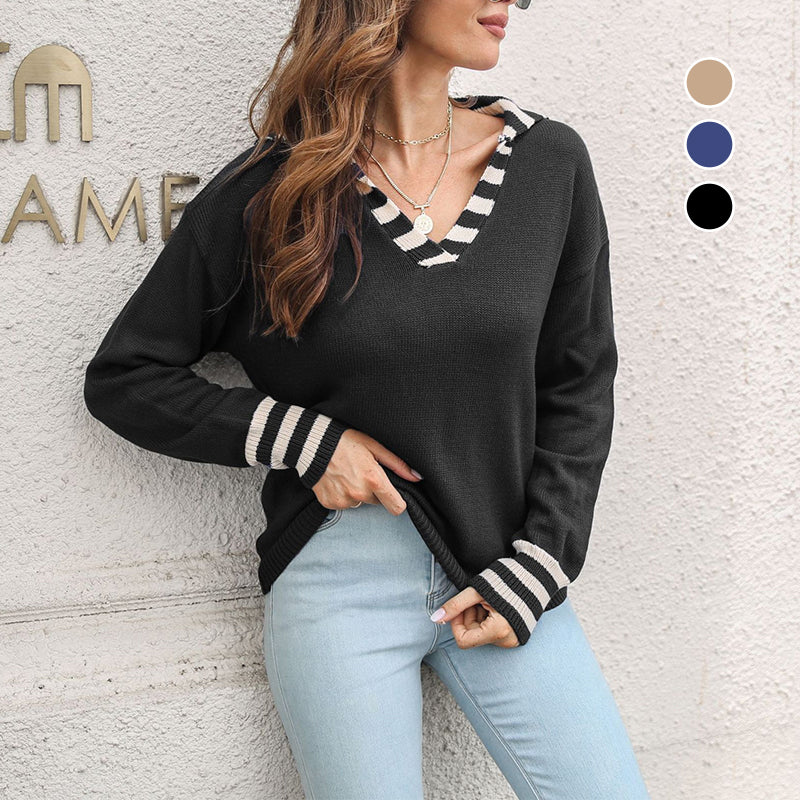 Striped Lapel Long Sleeve Sweater