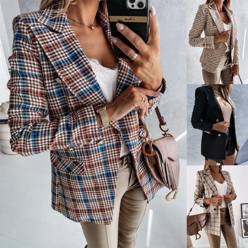 Women's Fashion Long Sleeve Suit Plaid Jacket